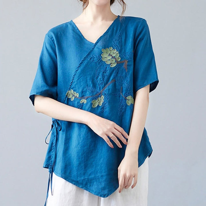 Buddha Stones夏 カジュアル エスニック 刺繍 花 レースアップ 半袖 Vネック コットン リネン レディース Tシャツ - image 7
