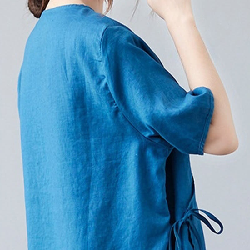 Buddha Stones夏 カジュアル エスニック 刺繍 花 レースアップ 半袖 Vネック コットン リネン レディース Tシャツ - image 9
