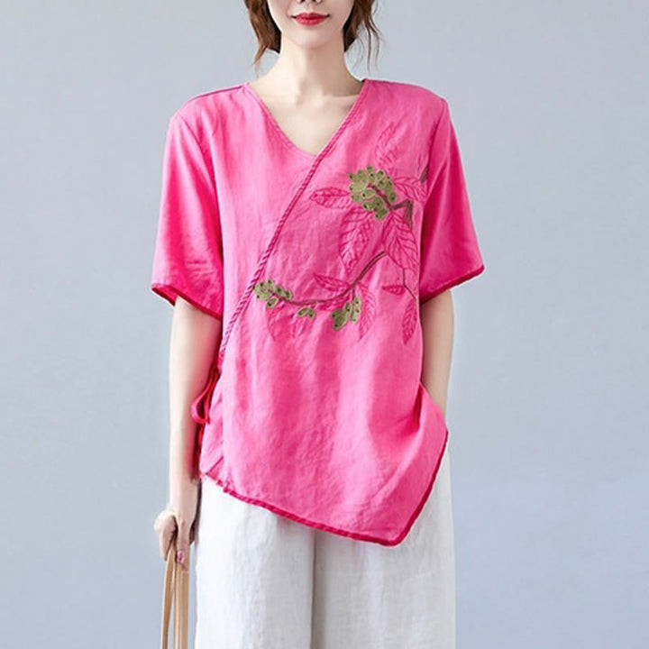 Buddha Stones夏 カジュアル エスニック 刺繍 花 レースアップ 半袖 Vネック コットン リネン レディース Tシャツ - image 19