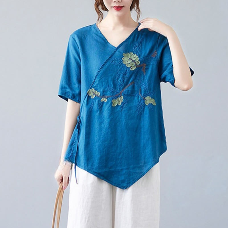 Buddha Stones夏 カジュアル エスニック 刺繍 花 レースアップ 半袖 Vネック コットン リネン レディース Tシャツ - image 5