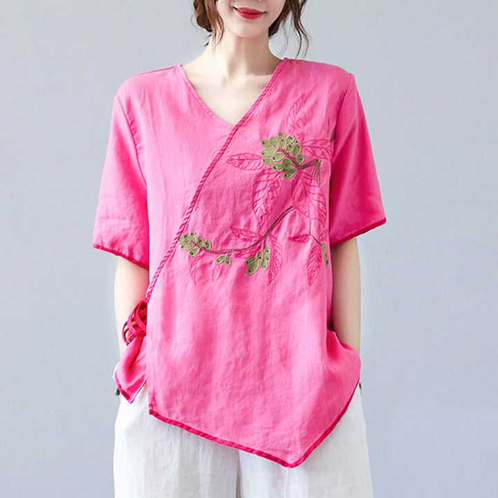 Buddha Stones夏 カジュアル エスニック 刺繍 花 レースアップ 半袖 Vネック コットン リネン レディース Tシャツ - image 22