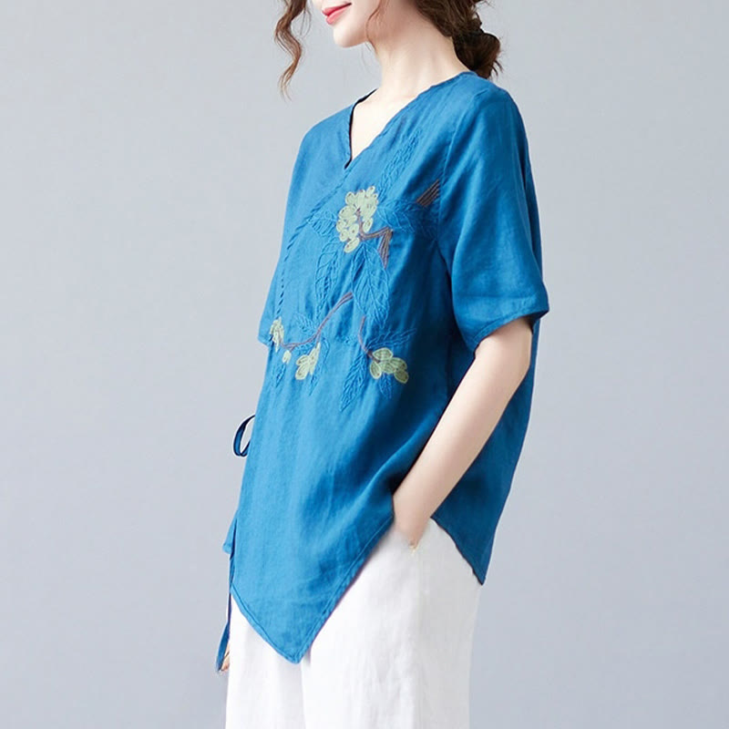 Buddha Stones夏 カジュアル エスニック 刺繍 花 レースアップ 半袖 Vネック コットン リネン レディース Tシャツ - image 3