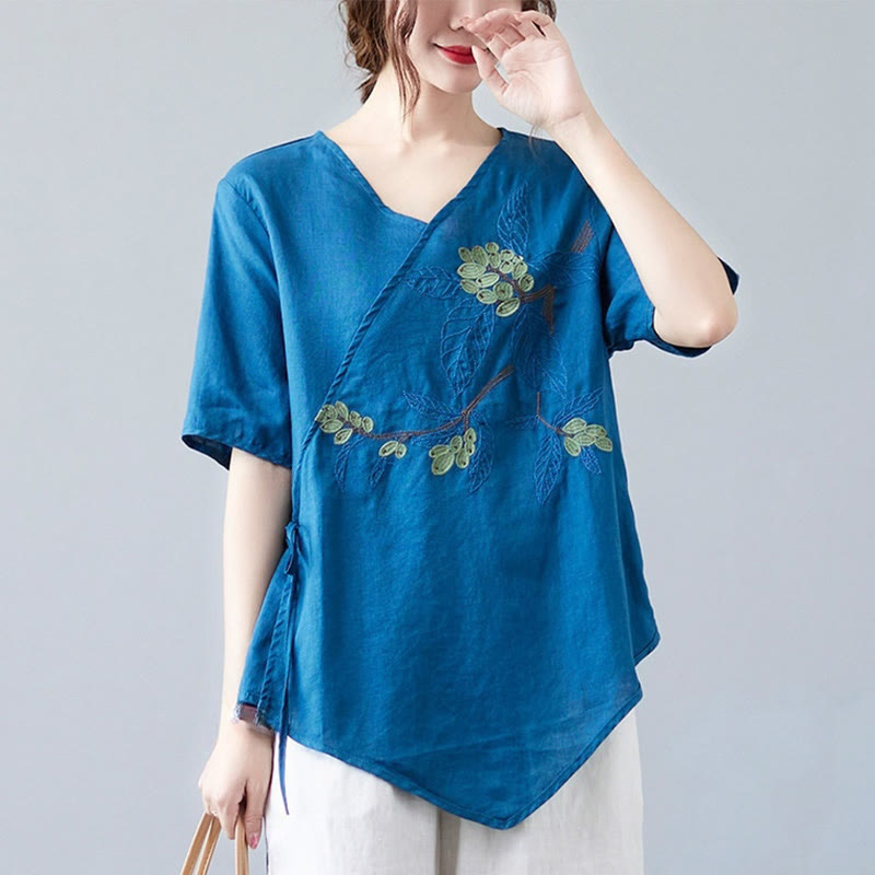 Buddha Stones夏 カジュアル エスニック 刺繍 花 レースアップ 半袖 Vネック コットン リネン レディース Tシャツ - ミディアムブルー - US8-10，UK/AU12-14，EU40-42 (2XL) - image 0