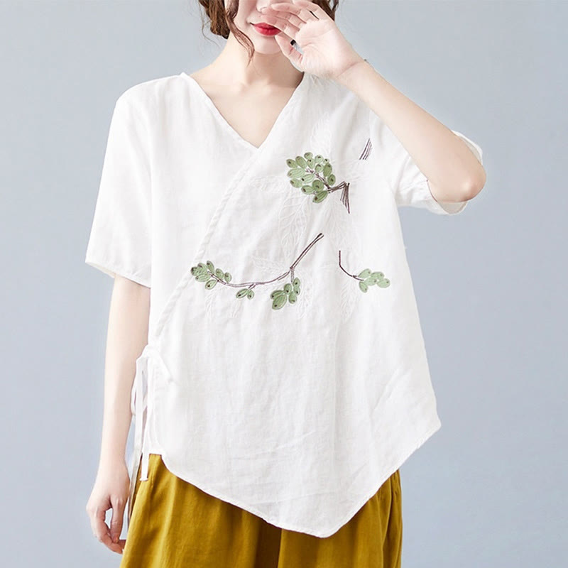 Buddha Stones夏 カジュアル エスニック 刺繍 花 レースアップ 半袖 Vネック コットン リネン レディース Tシャツ - 白 - US8-10，UK/AU12-14，EU40-42 (2XL) - image 10
