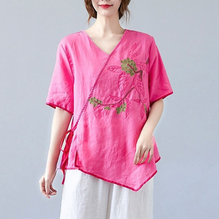 Buddha Stones夏 カジュアル エスニック 刺繍 花 レースアップ 半袖 Vネック コットン リネン レディース Tシャツ - image 21