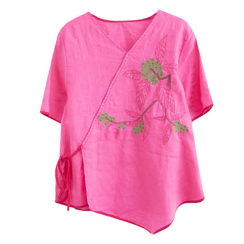 Buddha Stones夏 カジュアル エスニック 刺繍 花 レースアップ 半袖 Vネック コットン リネン レディース Tシャツ - image 31