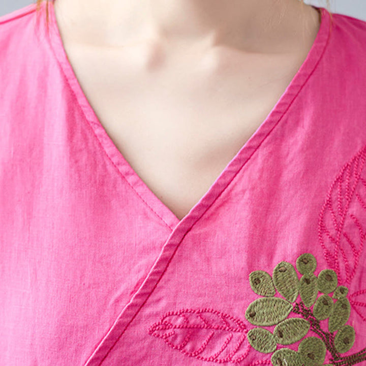 Buddha Stones夏 カジュアル エスニック 刺繍 花 レースアップ 半袖 Vネック コットン リネン レディース Tシャツ - image 25
