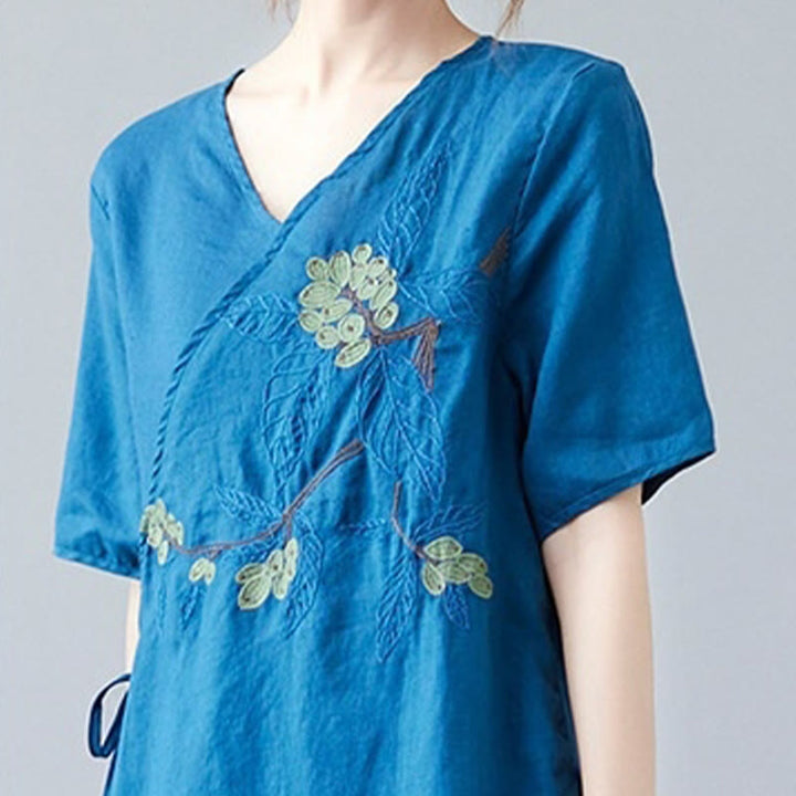 Buddha Stones夏 カジュアル エスニック 刺繍 花 レースアップ 半袖 Vネック コットン リネン レディース Tシャツ - image 8