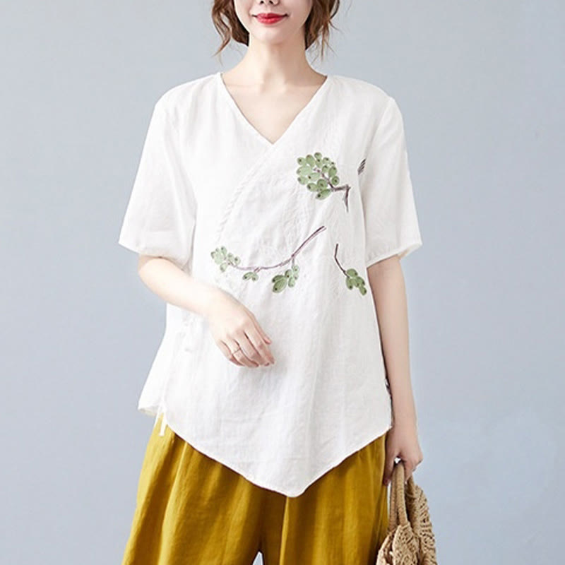 Buddha Stones夏 カジュアル エスニック 刺繍 花 レースアップ 半袖 Vネック コットン リネン レディース Tシャツ - image 12