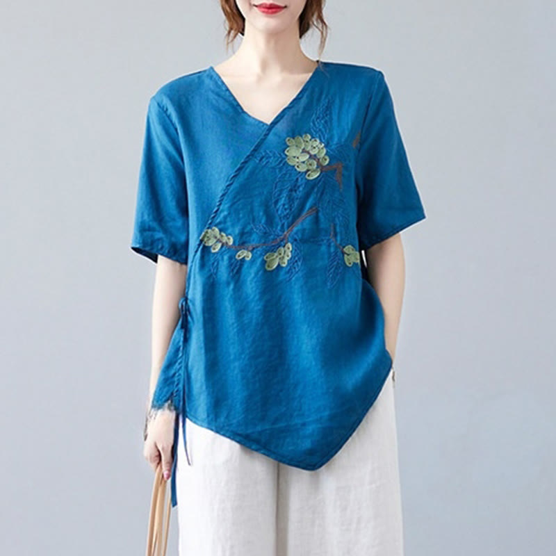 Buddha Stones夏 カジュアル エスニック 刺繍 花 レースアップ 半袖 Vネック コットン リネン レディース Tシャツ - image 2