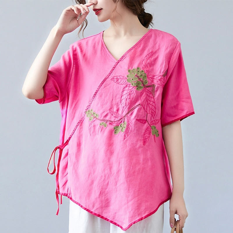 Buddha Stones夏 カジュアル エスニック 刺繍 花 レースアップ 半袖 Vネック コットン リネン レディース Tシャツ - ディープピンク - US8-10，UK/AU12-14，EU40-42 (2XL) - image 17