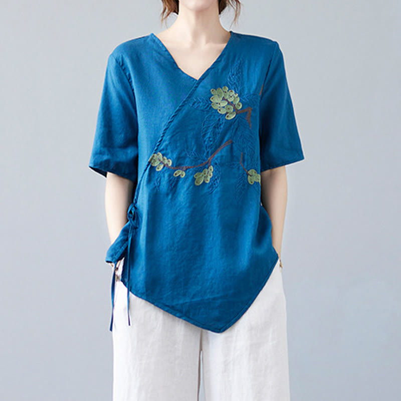 Buddha Stones夏 カジュアル エスニック 刺繍 花 レースアップ 半袖 Vネック コットン リネン レディース Tシャツ - image 6