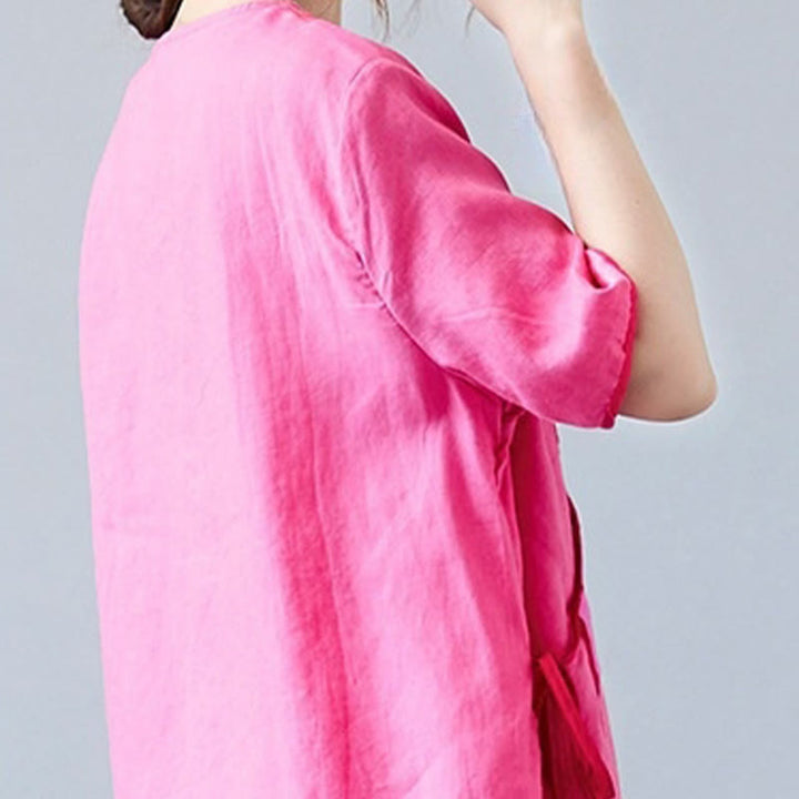 Buddha Stones夏 カジュアル エスニック 刺繍 花 レースアップ 半袖 Vネック コットン リネン レディース Tシャツ - image 24