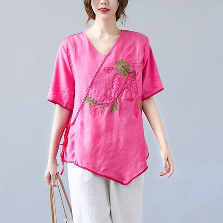 Buddha Stones夏 カジュアル エスニック 刺繍 花 レースアップ 半袖 Vネック コットン リネン レディース Tシャツ - image 18