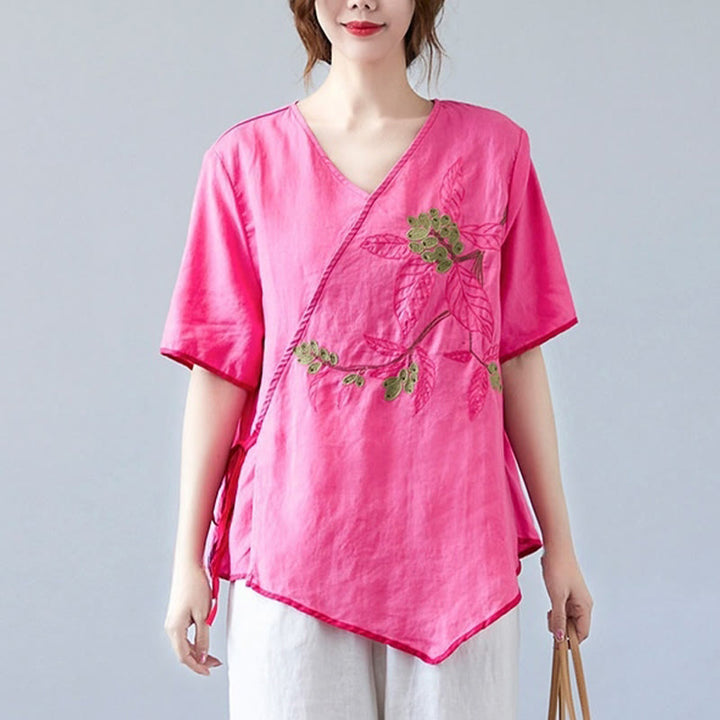 Buddha Stones夏 カジュアル エスニック 刺繍 花 レースアップ 半袖 Vネック コットン リネン レディース Tシャツ - image 20