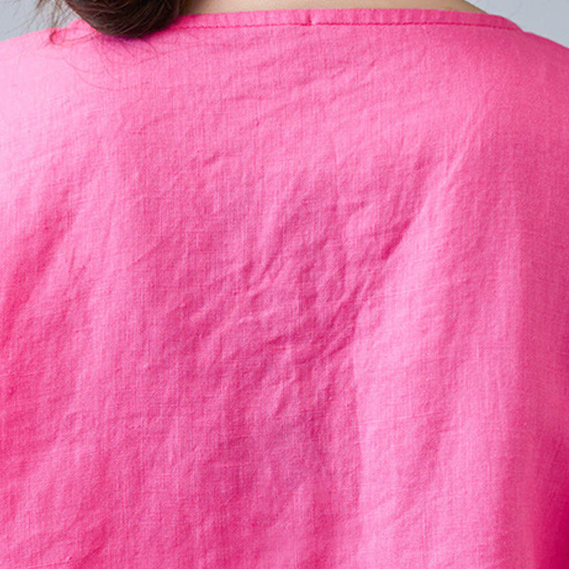 Buddha Stones夏 カジュアル エスニック 刺繍 花 レースアップ 半袖 Vネック コットン リネン レディース Tシャツ - image 28