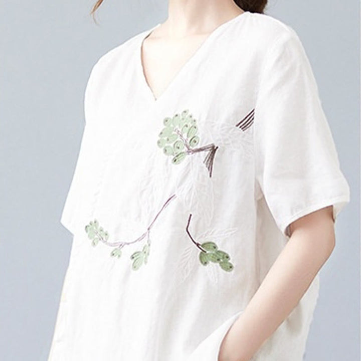 Buddha Stones夏 カジュアル エスニック 刺繍 花 レースアップ 半袖 Vネック コットン リネン レディース Tシャツ - image 16
