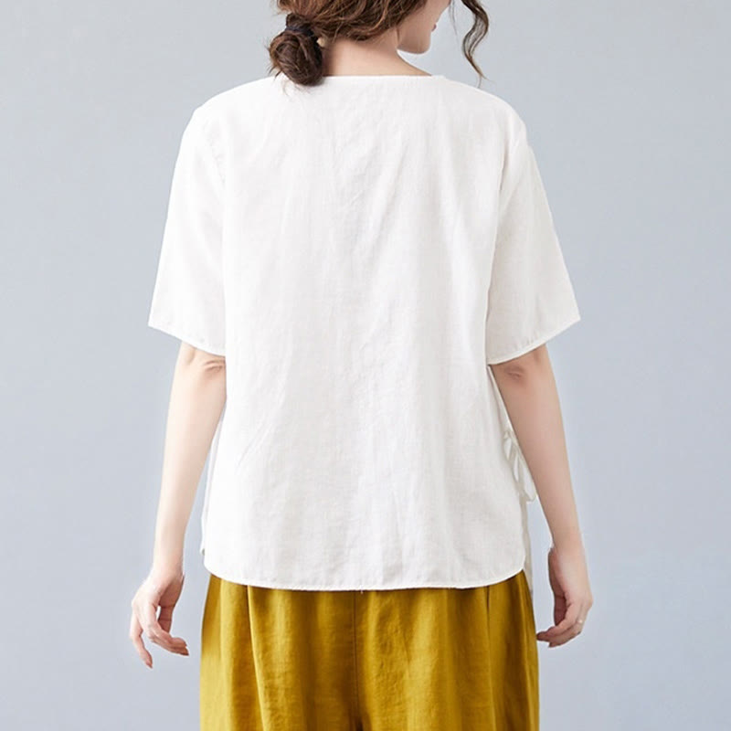 Buddha Stones夏 カジュアル エスニック 刺繍 花 レースアップ 半袖 Vネック コットン リネン レディース Tシャツ - image 14