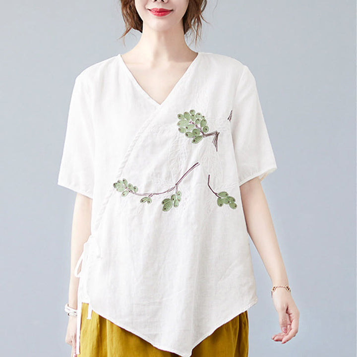 Buddha Stones夏 カジュアル エスニック 刺繍 花 レースアップ 半袖 Vネック コットン リネン レディース Tシャツ - image 15