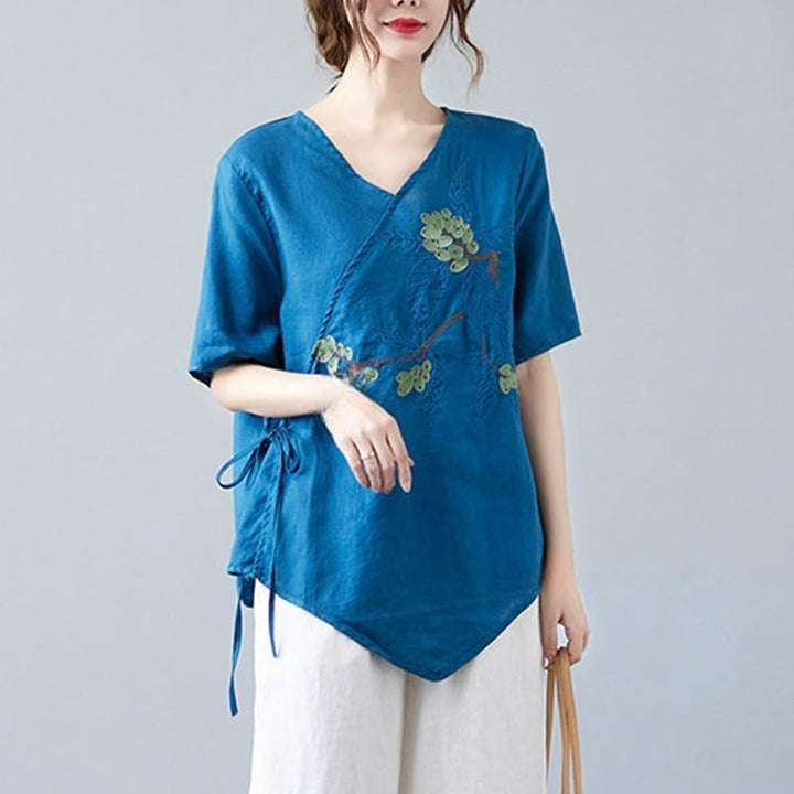 Buddha Stones夏 カジュアル エスニック 刺繍 花 レースアップ 半袖 Vネック コットン リネン レディース Tシャツ - image 1