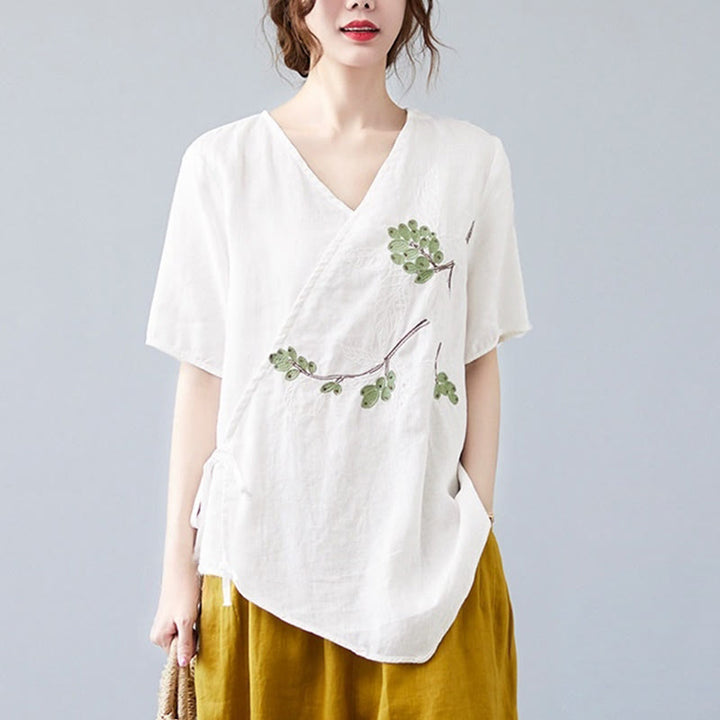 Buddha Stones夏 カジュアル エスニック 刺繍 花 レースアップ 半袖 Vネック コットン リネン レディース Tシャツ - image 13