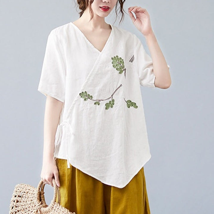 Buddha Stones夏 カジュアル エスニック 刺繍 花 レースアップ 半袖 Vネック コットン リネン レディース Tシャツ - image 11