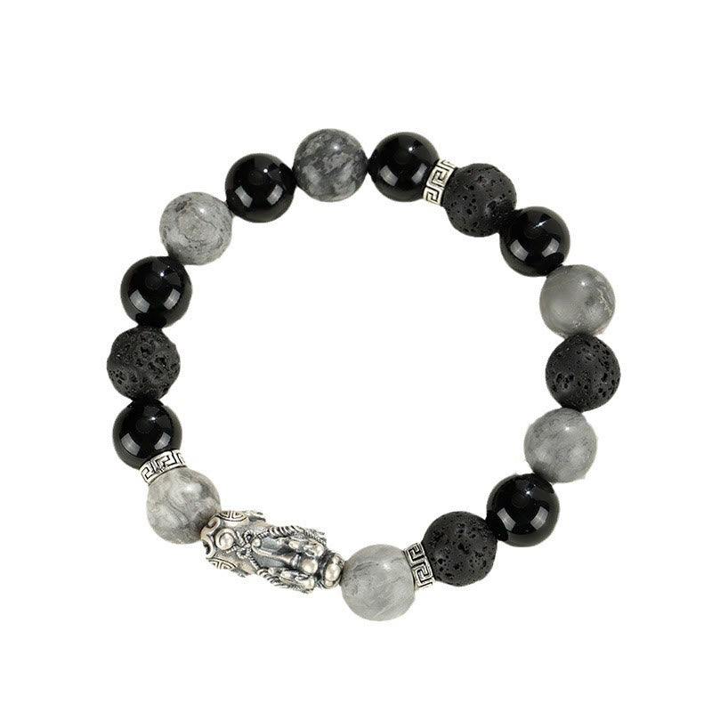 Buddha Stones 999スターリングシルバー PiXiu ブラックオニキス グレージャスパー 溶岩石守護ブレスレット