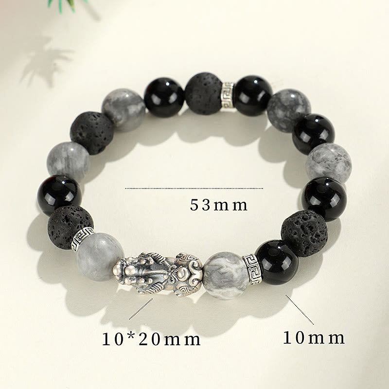 Buddha Stones 999スターリングシルバー PiXiu ブラックオニキス グレージャスパー 溶岩石守護ブレスレット