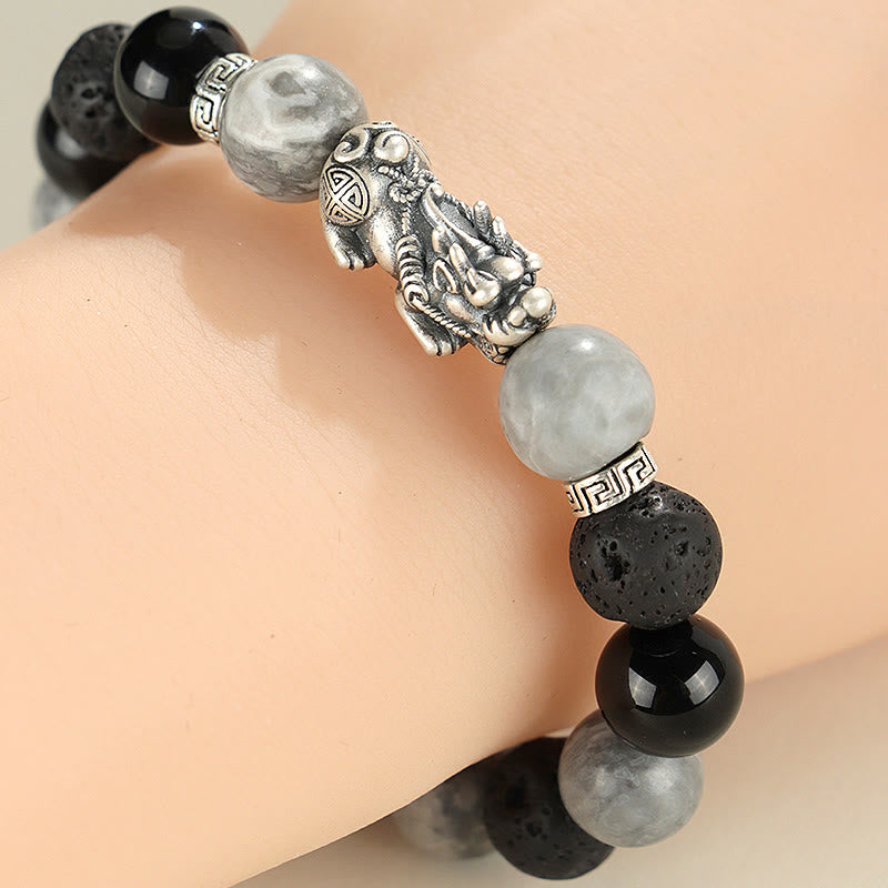Buddha Stones 999スターリングシルバー PiXiu ブラックオニキス グレージャスパー 溶岩石守護ブレスレット - image 4