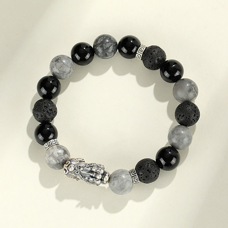 Buddha Stones 999スターリングシルバー PiXiu ブラックオニキス グレージャスパー 溶岩石守護ブレスレット
