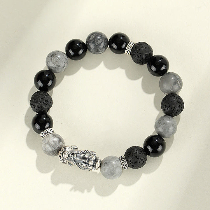 Buddha Stones 999スターリングシルバー PiXiu ブラックオニキス グレージャスパー 溶岩石守護ブレスレット
