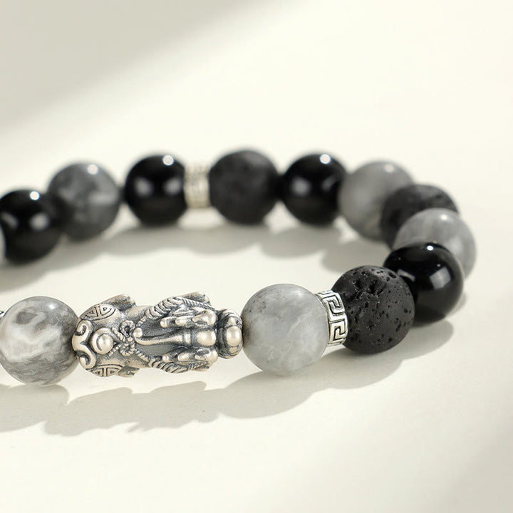 Buddha Stones 999スターリングシルバー PiXiu ブラックオニキス グレージャスパー 溶岩石守護ブレスレット