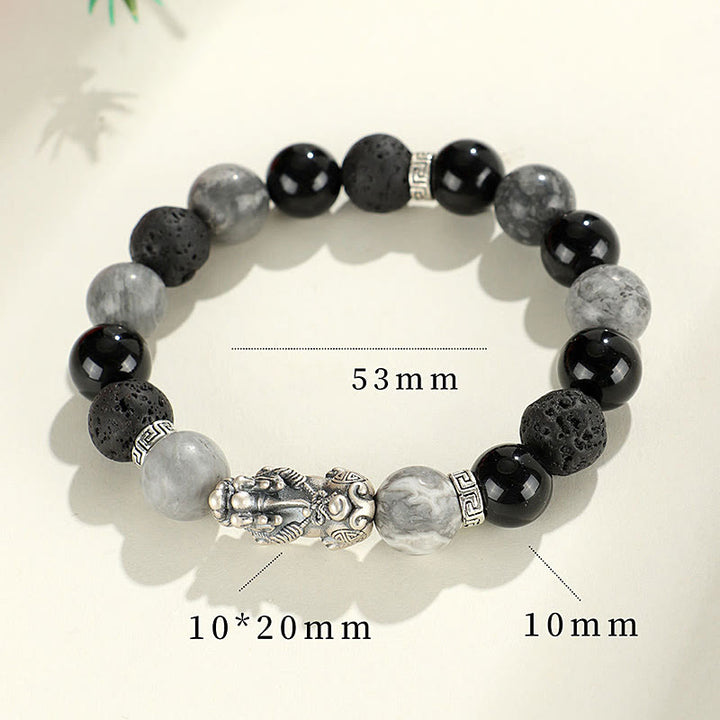 Buddha Stones 999スターリングシルバー PiXiu ブラックオニキス グレージャスパー 溶岩石守護ブレスレット - image 10
