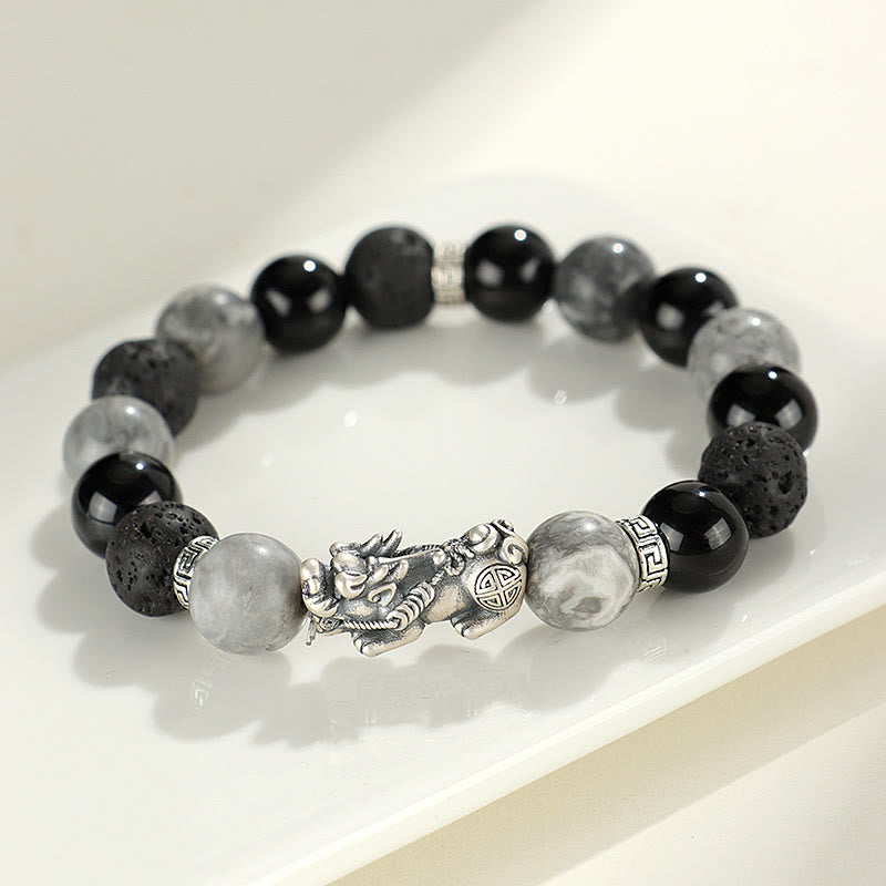 Buddha Stones 999スターリングシルバー PiXiu ブラックオニキス グレージャスパー 溶岩石守護ブレスレット - ブラックオニキス＆グレージャスパー＆溶岩石（手首周り：14～15cm） - image 0