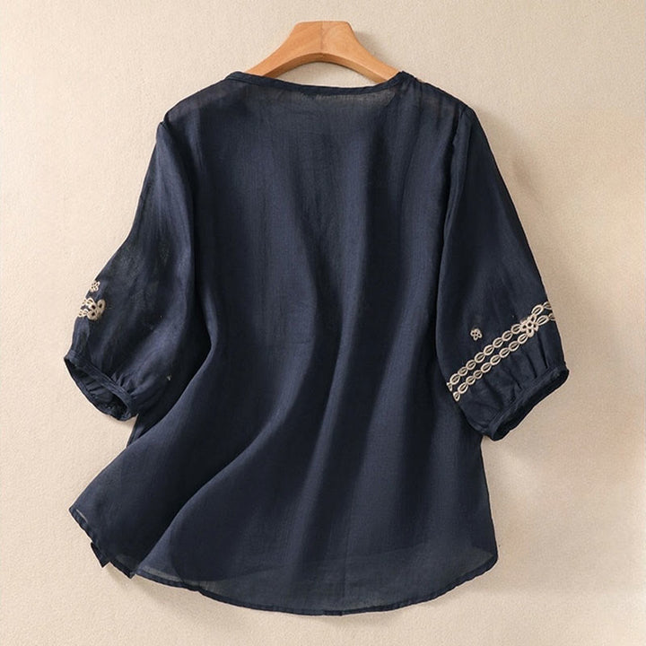 Buddha Stonesアーティスティック 無地 花柄 刺繍デザイン クルーネック パフ 半袖 コットン リネン レディース Tシャツ - image 1