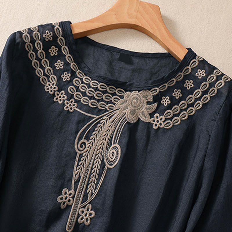 Buddha Stonesの無地花柄刺繍デザイン クルーネック パフスリーブ ハーフスリーブ レディースTシャツ - image 2