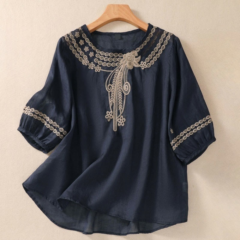 Buddha Stonesアーティスティック 無地 花柄 刺繍デザイン クルーネック パフ 半袖 コットン リネン レディース Tシャツ - ダークスレートブルー - US8-10，UK/AU12-14，EU40-42 (2XL) - image 0