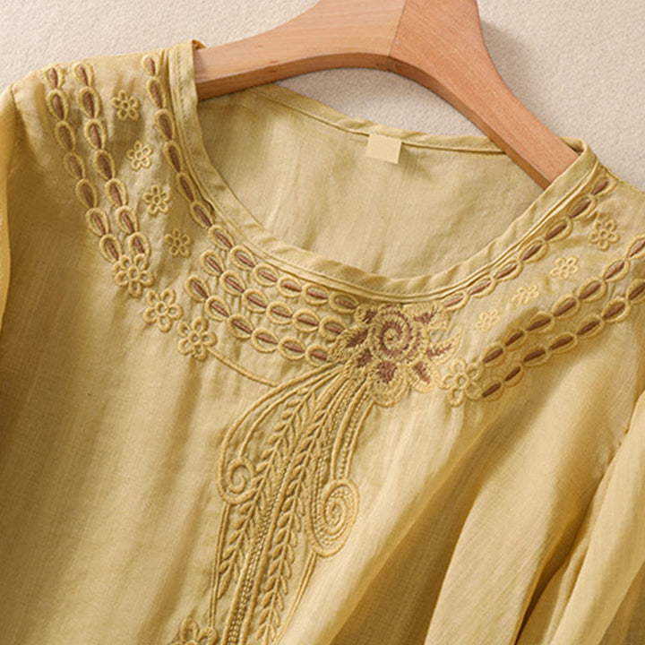 Buddha Stonesアーティスティック 無地 花柄 刺繍デザイン クルーネック パフ 半袖 コットン リネン レディース Tシャツ - image 14