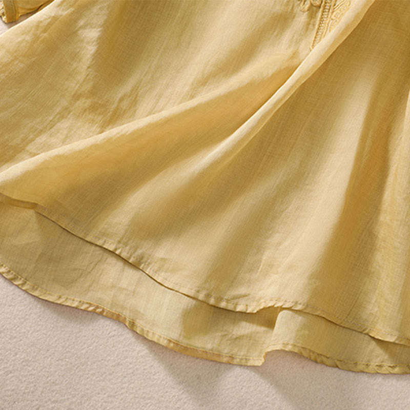 Buddha Stonesアーティスティック 無地 花柄 刺繍デザイン クルーネック パフ 半袖 コットン リネン レディース Tシャツ - image 18