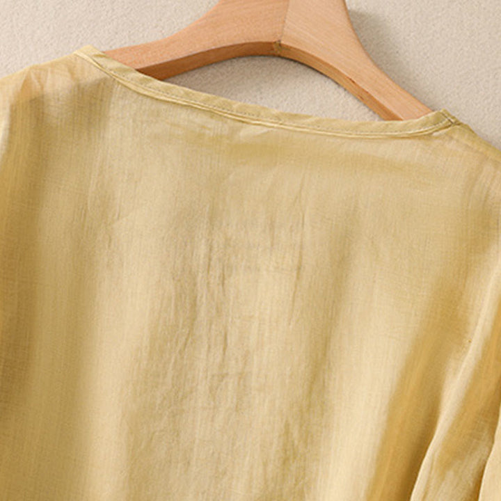 Buddha Stonesアーティスティック 無地 花柄 刺繍デザイン クルーネック パフ 半袖 コットン リネン レディース Tシャツ - image 16