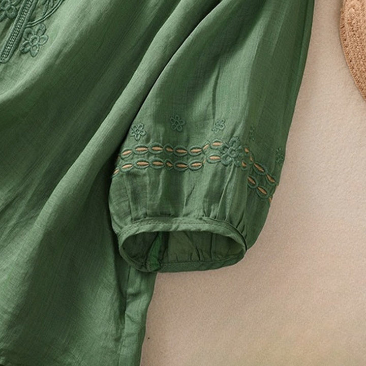 Buddha Stonesアーティスティック 無地 花柄 刺繍デザイン クルーネック パフ 半袖 コットン リネン レディース Tシャツ - image 23