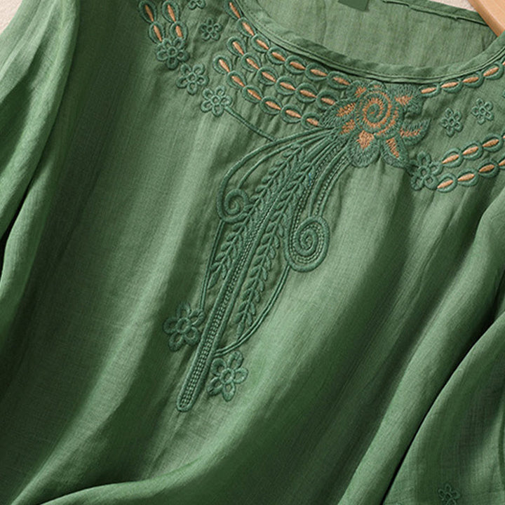 Buddha Stonesアーティスティック 無地 花柄 刺繍デザイン クルーネック パフ 半袖 コットン リネン レディース Tシャツ - image 22