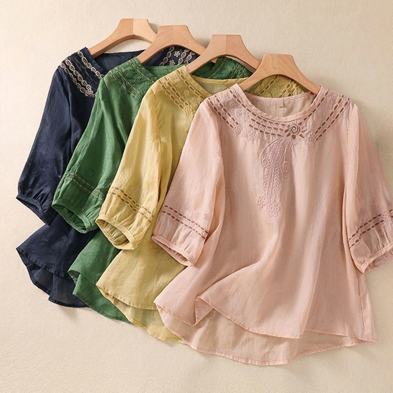 Buddha Stonesの無地花柄刺繍デザイン クルーネック パフスリーブ ハーフスリーブ レディースTシャツ - image 25