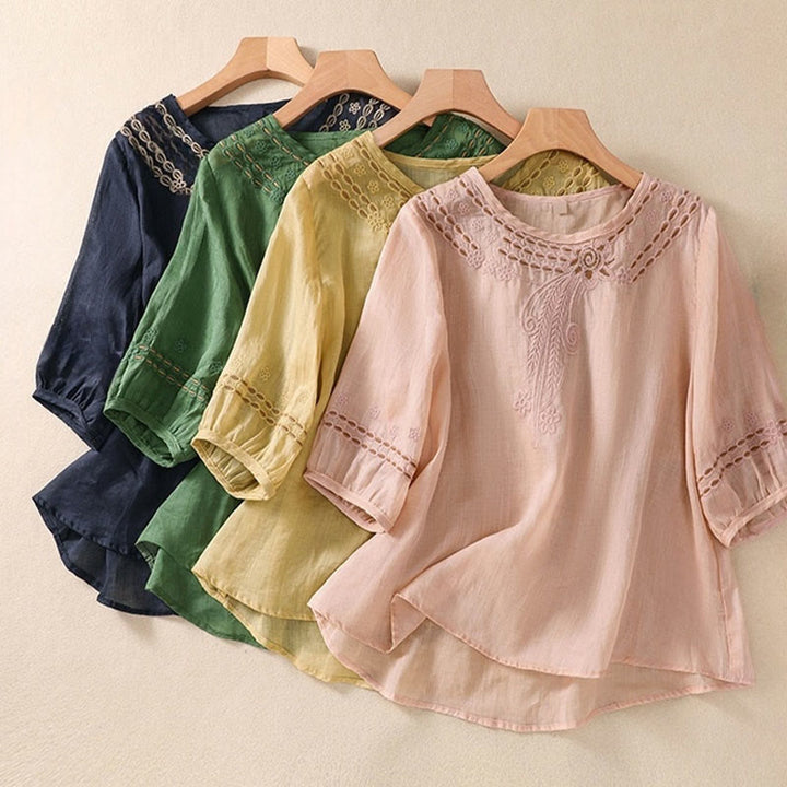 Buddha Stonesの無地花柄刺繍デザイン クルーネック パフスリーブ ハーフスリーブ レディースTシャツ - image 25