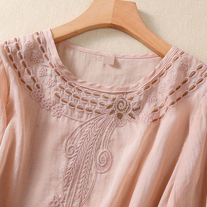Buddha Stonesの無地花柄刺繍デザイン クルーネック パフスリーブ ハーフスリーブ レディースTシャツ - image 7
