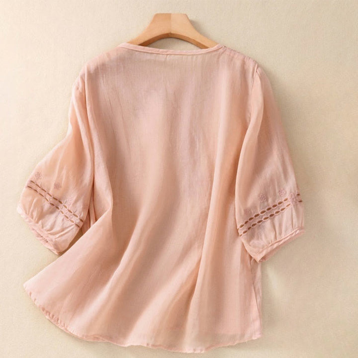 Buddha Stonesアーティスティック 無地 花柄 刺繍デザイン クルーネック パフ 半袖 コットン リネン レディース Tシャツ - ミスティローズ - US8-10，UK/AU12-14，EU40-42 (2XL) - image 5