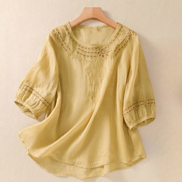Buddha Stonesの無地花柄刺繍デザイン クルーネック パフスリーブ ハーフスリーブ レディースTシャツ - カーキ - US8-10，UK/AU12-14，EU40-42 (2XL) - image 12
