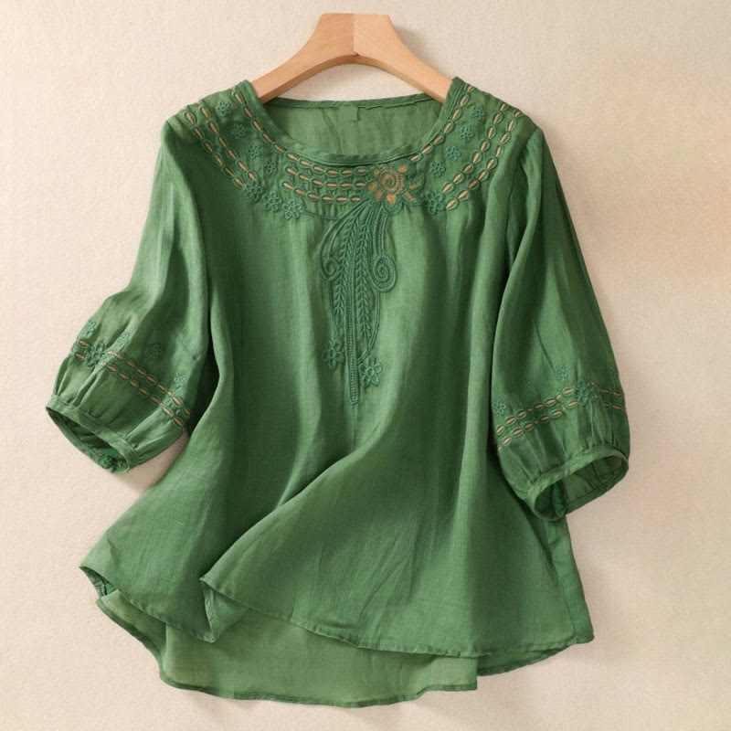 Buddha Stonesアーティスティック 無地 花柄 刺繍デザイン クルーネック パフ 半袖 コットン リネン レディース Tシャツ - シーグリーン - US8-10，UK/AU12-14，EU40-42 (2XL) - image 19