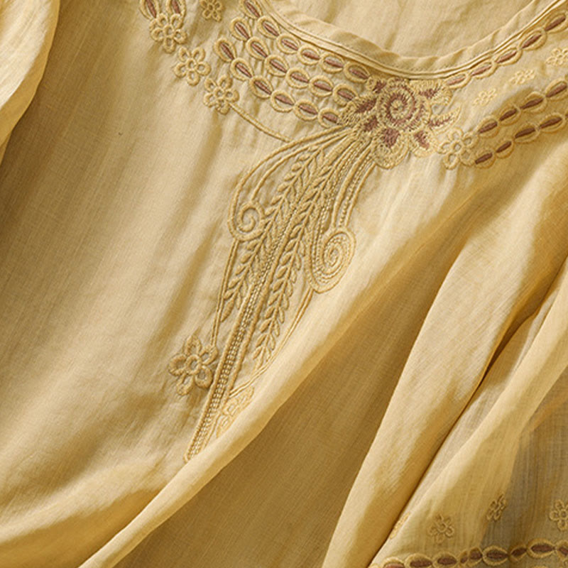 Buddha Stonesアーティスティック 無地 花柄 刺繍デザイン クルーネック パフ 半袖 コットン リネン レディース Tシャツ - image 15