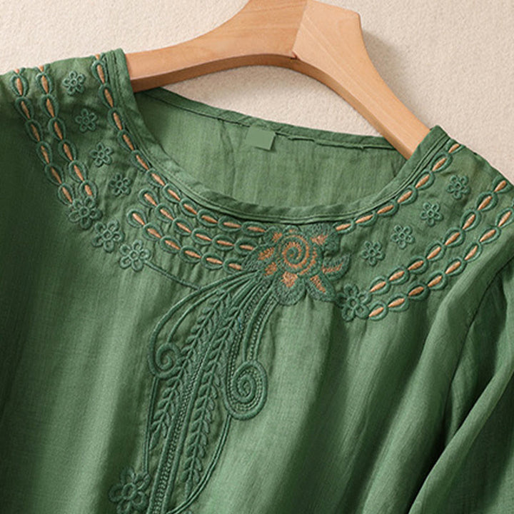 Buddha Stonesの無地花柄刺繍デザイン クルーネック パフスリーブ ハーフスリーブ レディースTシャツ - image 20